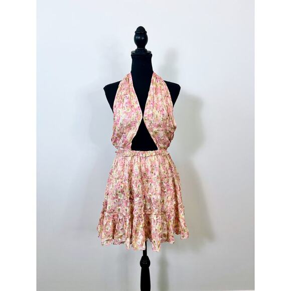 Rococo Sand Faye Mini Dress in Peach Medium Floral Sleeveless Halter Lined Party - Picture 2 of 6